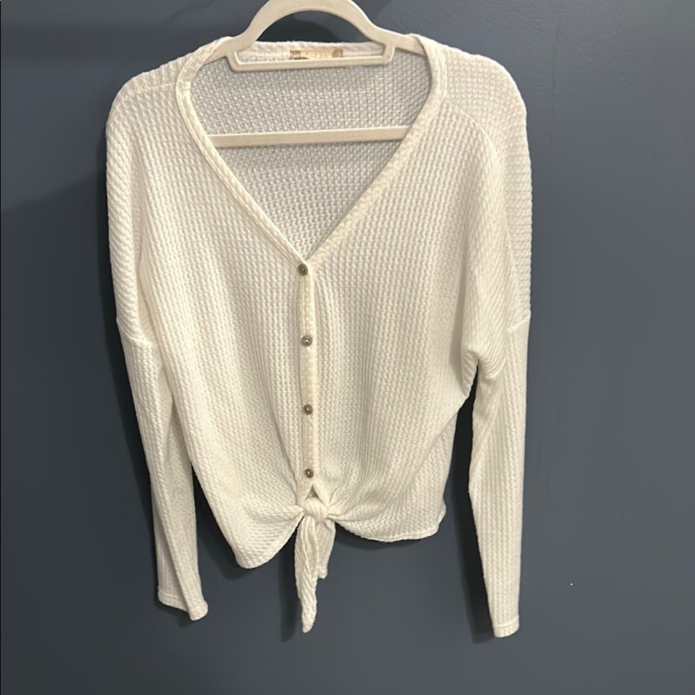 Altar'd State White Cardigan with Waffle Knit and Tie-Front